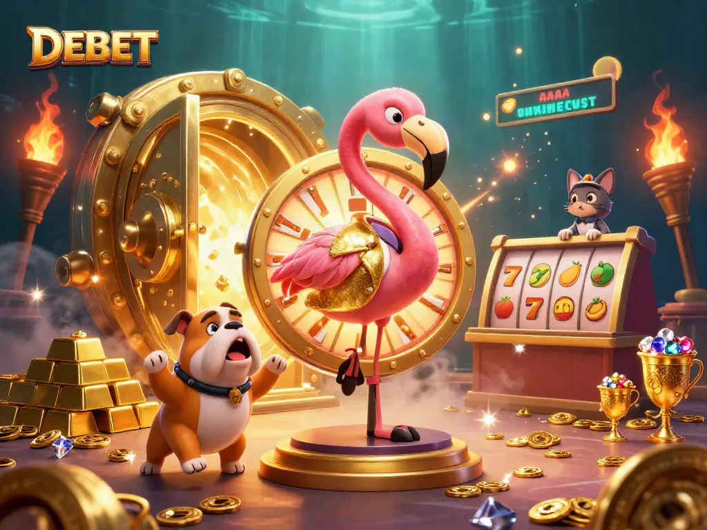 Engage with DEBET gaming as characters spin a prize wheel amidst golden treasures.