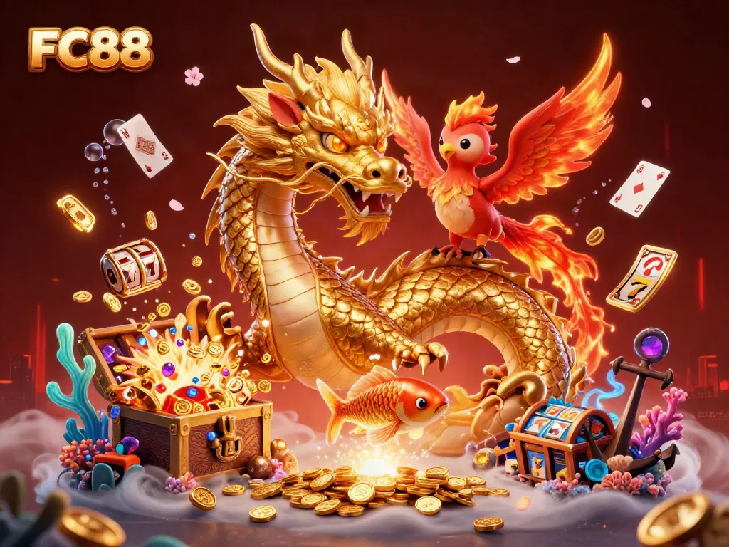 Experience action and luck at FC88 with 3D dragon, phoenix, and gambling-themed elements.