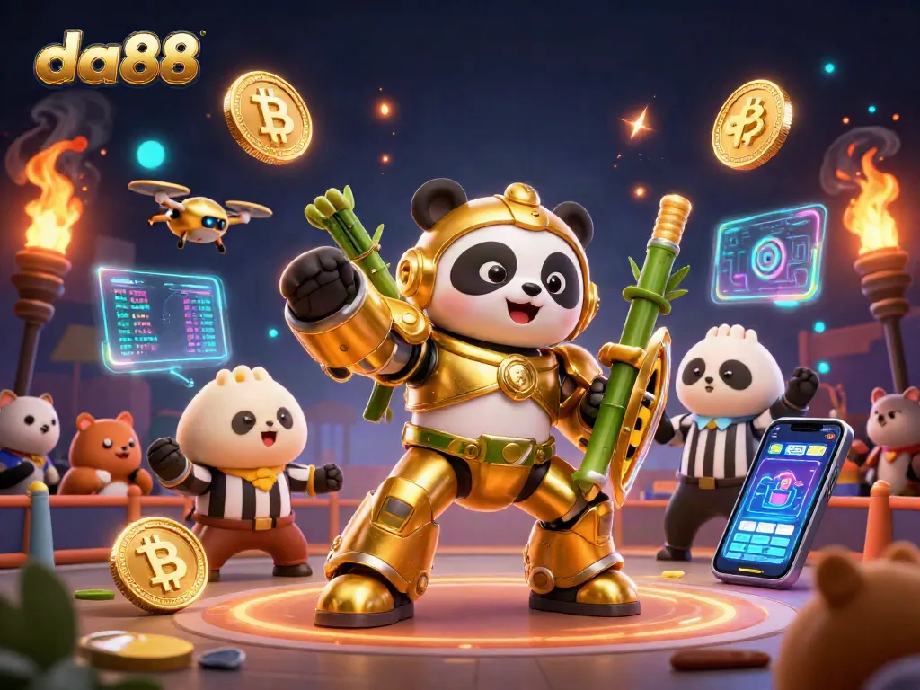 Engage with thrilling da88 gaming experiences featuring a golden panda mech-suit in a vibrant arena.