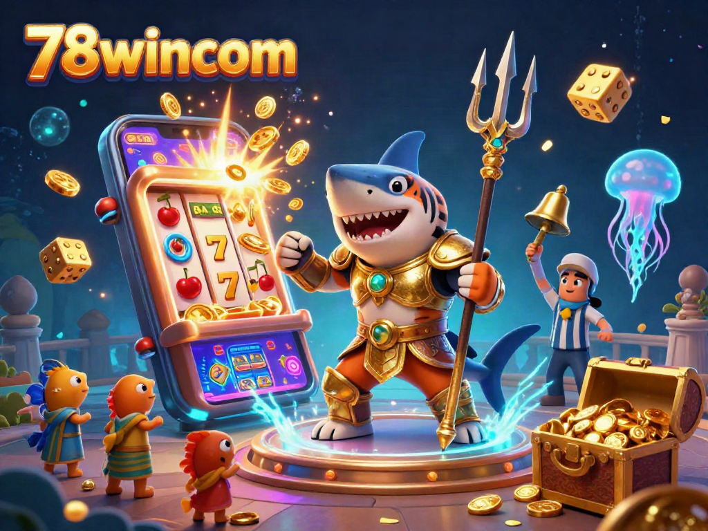 Win big at 78wincom with a dynamic casino scene featuring a shark gladiator and exciting jackpots.