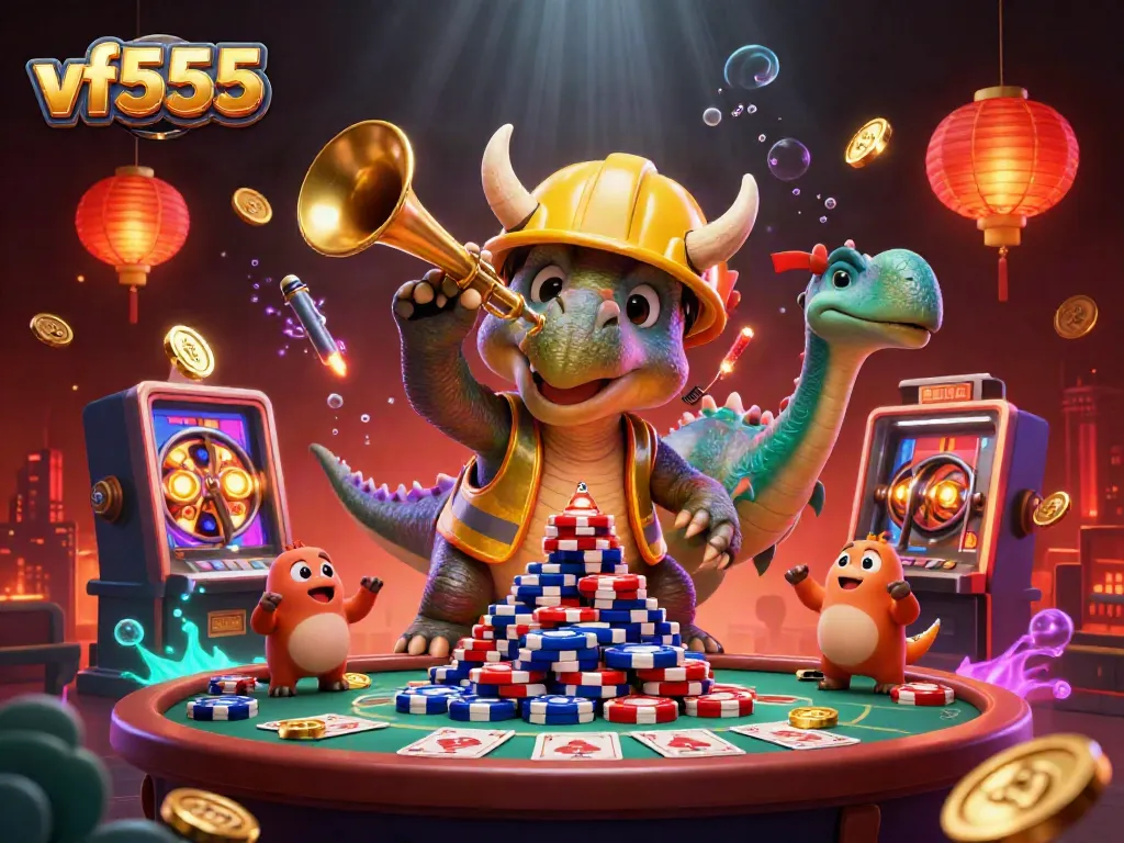Engage in gaming thrills with vf555 as a triceratops and parasaurolophus celebrate in a vibrant casino scene.