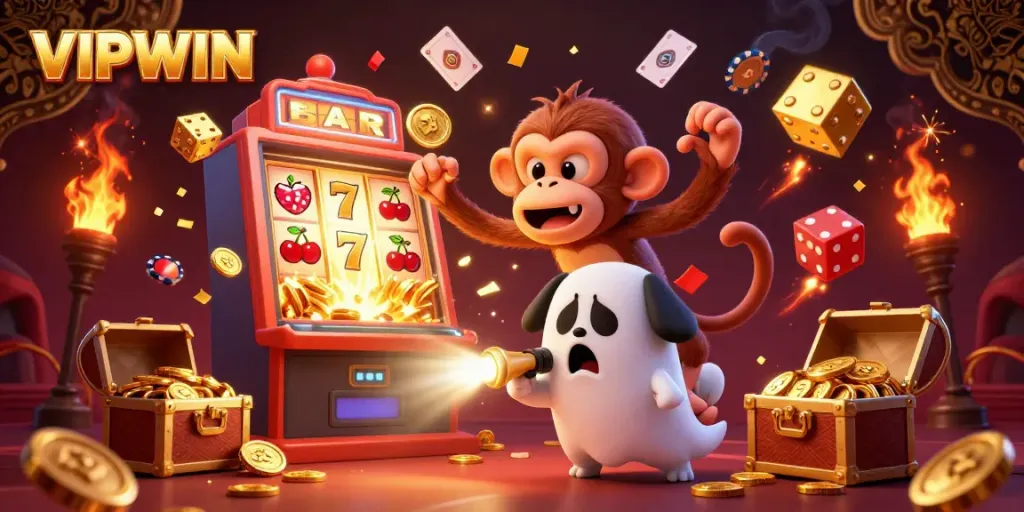 Experience the thrill of VIPWIN with lively casino characters and vibrant gold coin explosions.