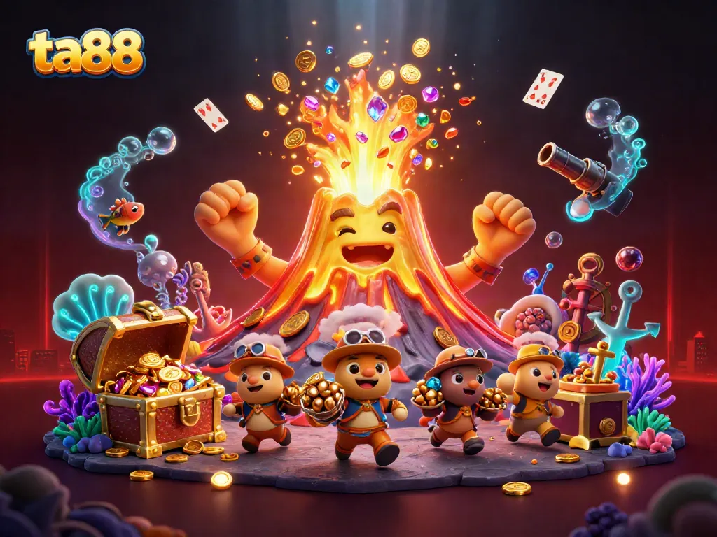 Engage with ta88's thrilling treasure-themed casino adventure showcasing a joyful golden volcano and escaping explorer animals.