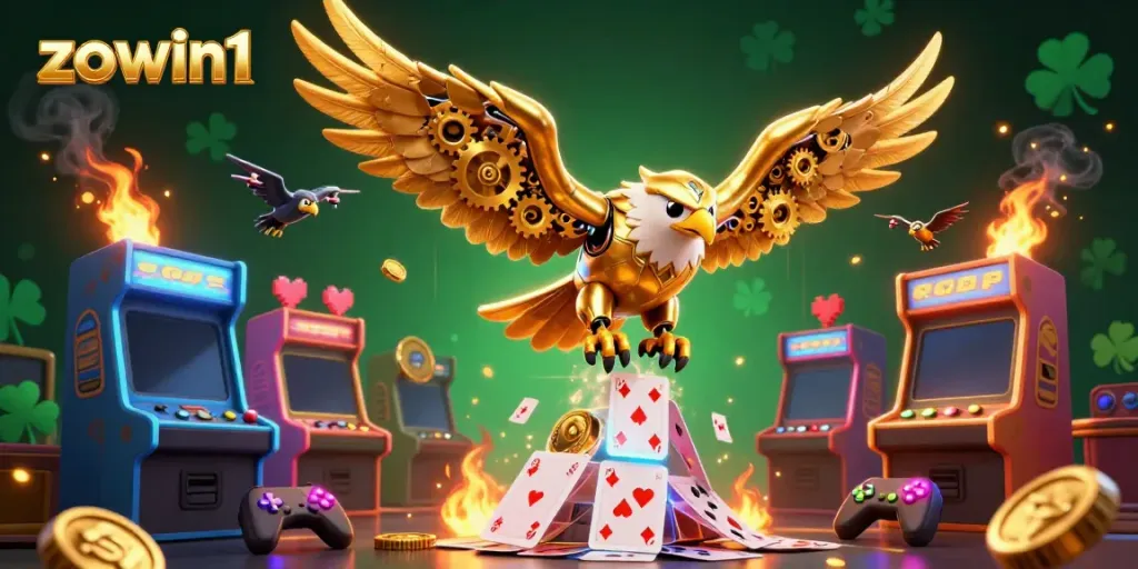 Watch the zowin1 eagle soar through holographic cards in a vivid 3D casino scene, showcasing arcade machines and neon effects.