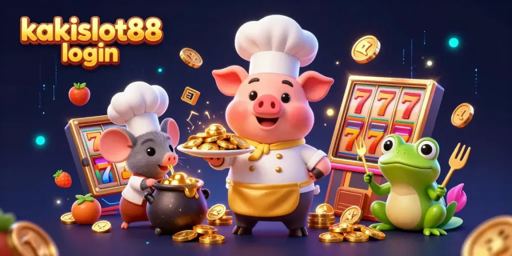 Mengakses kakislot88 login dengan chef 3D babi dan simbol slot berkilau.