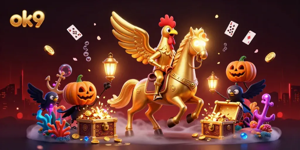 Experience exhilarating wins at ok9 with a golden rooster and spectral horse in a vibrant casino scene.