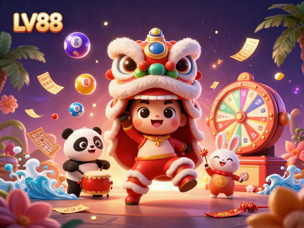Experience the excitement of LV88 with vibrant lottery balls, characters, and dynamic casino elements.