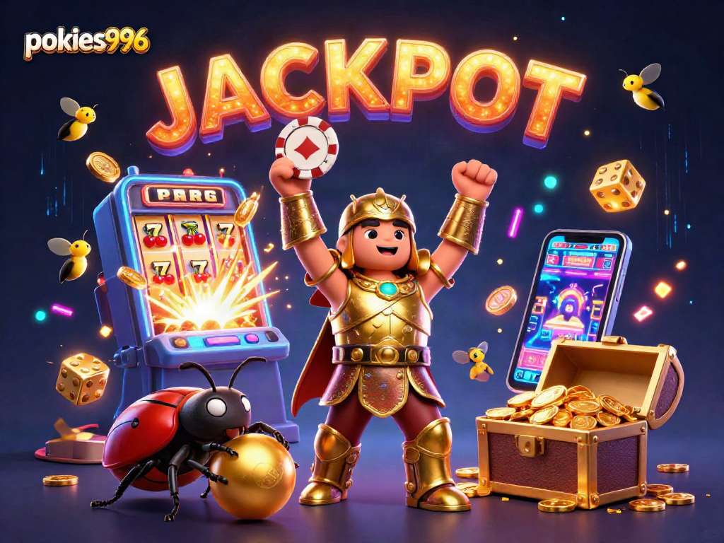 Experience pokies996 excitement with vibrant characters celebrating jackpot wins in a lively casino scene.
