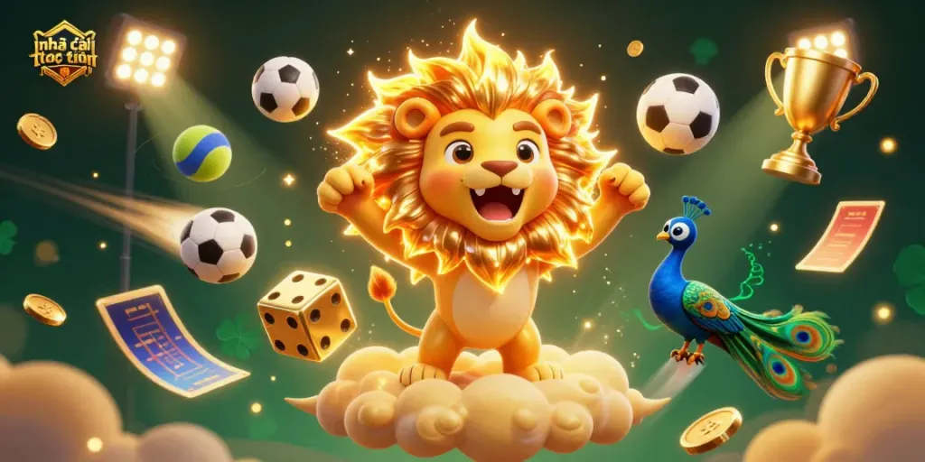 Engage with nhà cái trực tuyến uy tín, showcasing vibrant casino elements and a triumphant roaring lion in a thrilling scene.