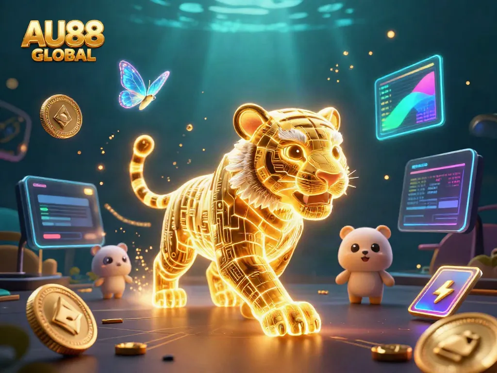 Engage in vibrant gaming excitement at AU88 GLOBAL with neon-lit treasures and a striking digital tiger.