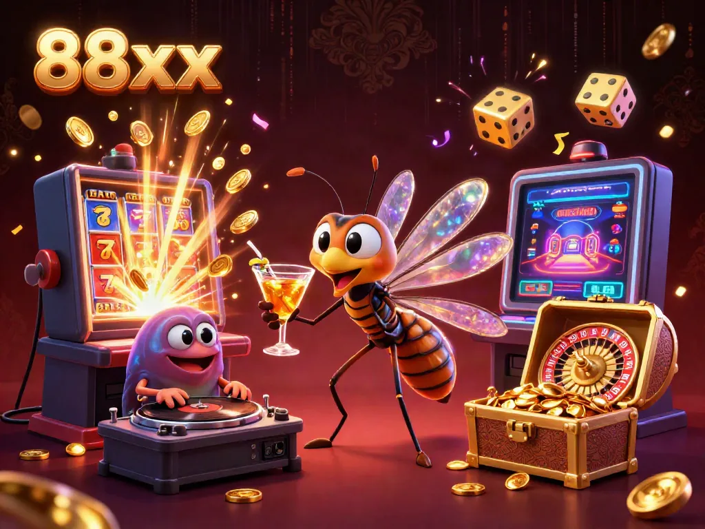 Exciting 88xx casino scene featuring a vibrant mosquito mascot, trilobite DJ, and roulette wheel.