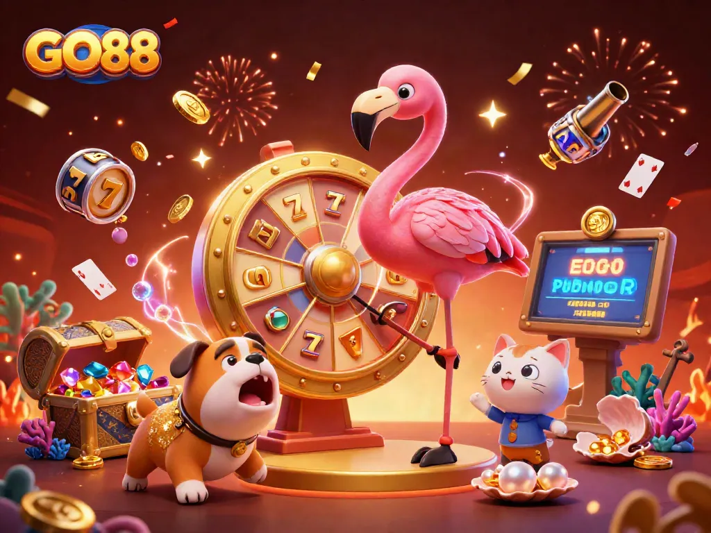 Experience GO88 excitement with a vibrant gaming scene full of dynamic characters and casino elements.