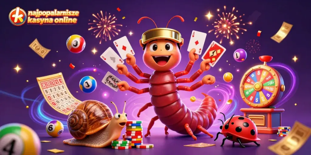 Experience the excitement of najpopularniejsze kasyna online with a vibrant 3D casino scene featuring dynamic characters and festive elements.