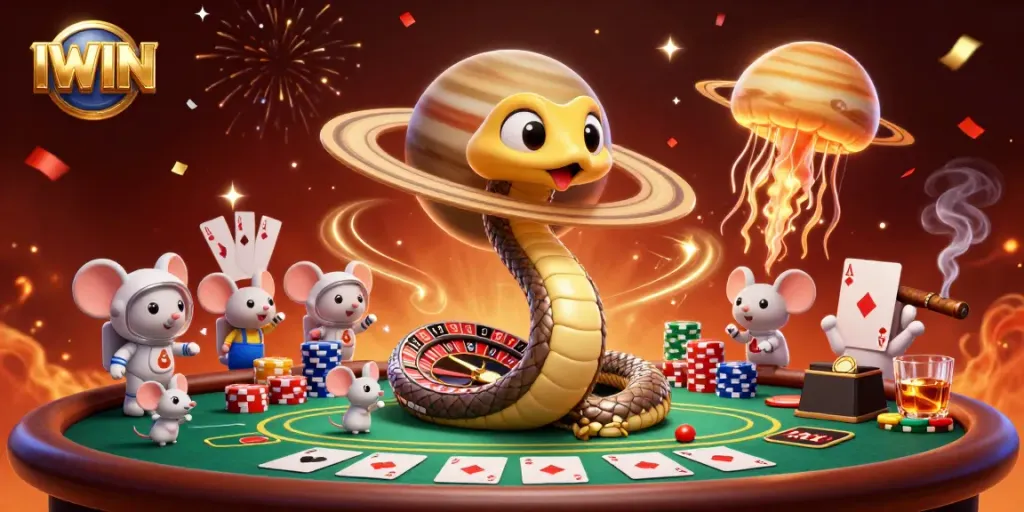 Betting excitement at IWIN with a cosmic roulette scene featuring an animated Saturn snake and astronaut mice.
