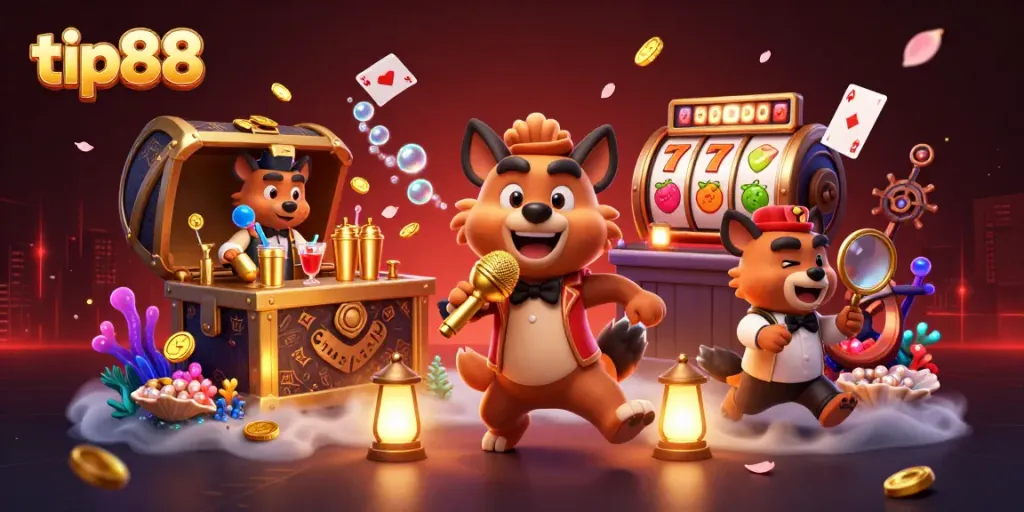 Enjoy the lively tip88 comedy casino scene featuring hyenas amidst slot reels and treasures.