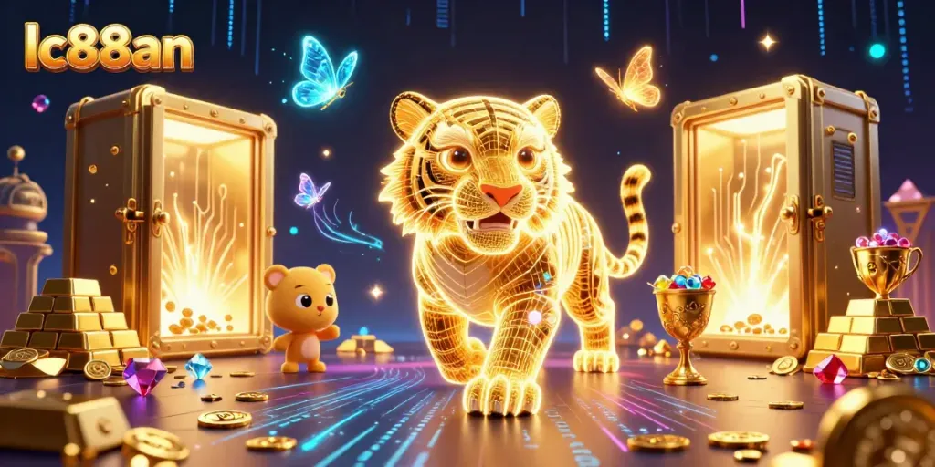 Experience thrilling gaming at lc88an with vibrant casino illustrations featuring golden treasures and a neon tiger.