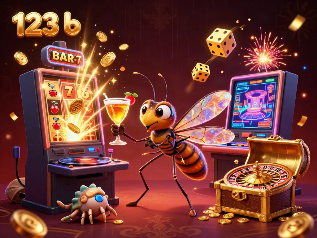 Experience thrilling moments with 123 b in vibrant casino 3D scene featuring lucky symbols and games.