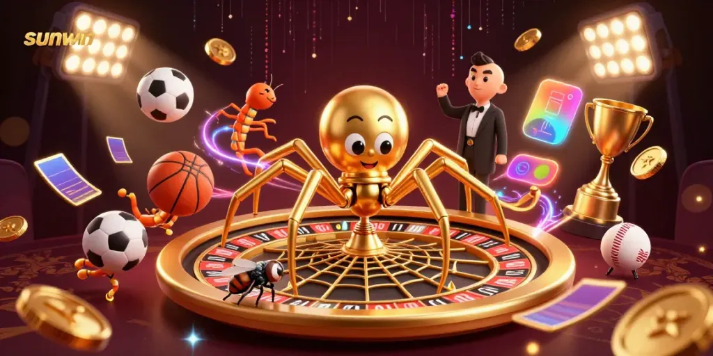 Experience thrilling bets in the sunwin casino with a captivating spider roulette web scene.