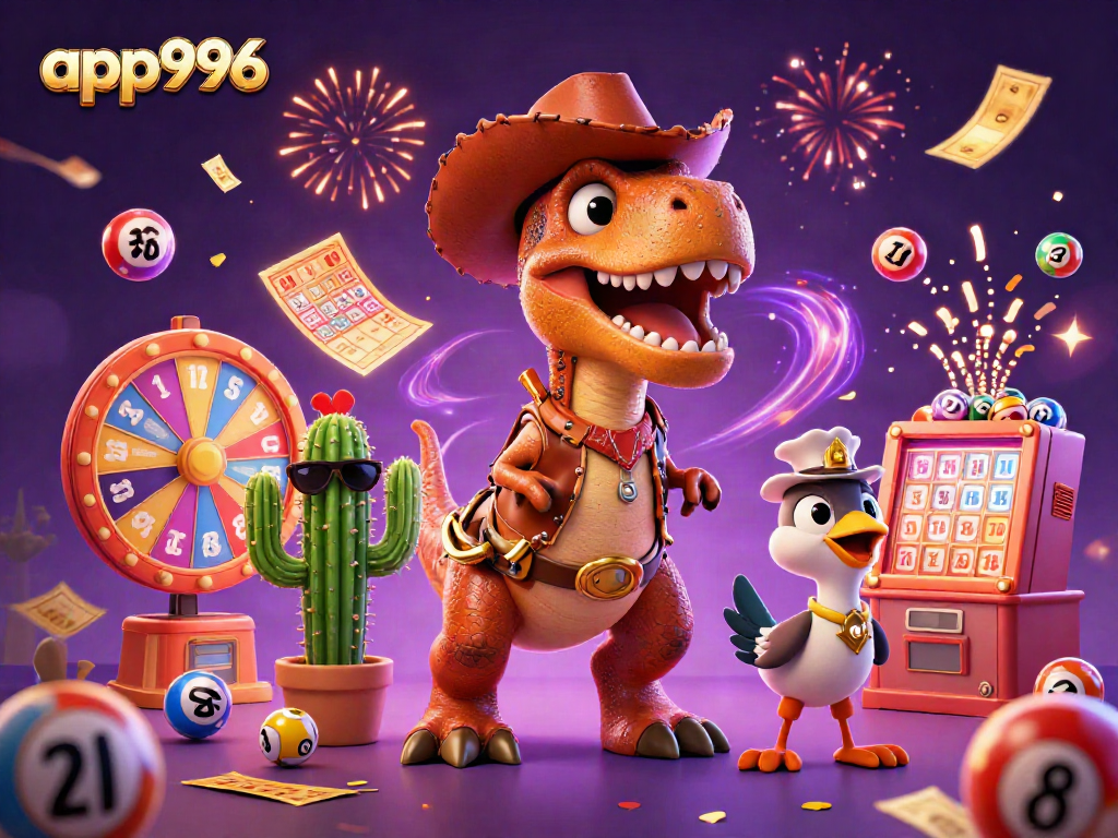 app996 brings excitement with a cartoon cowboy dinosaur in dynamic casino fun.