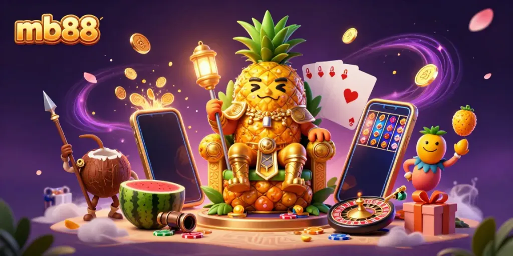 Experience excitement with mb88 as the golden pineapple king rules a vibrant beach casino, surrounded by dynamic game elements.