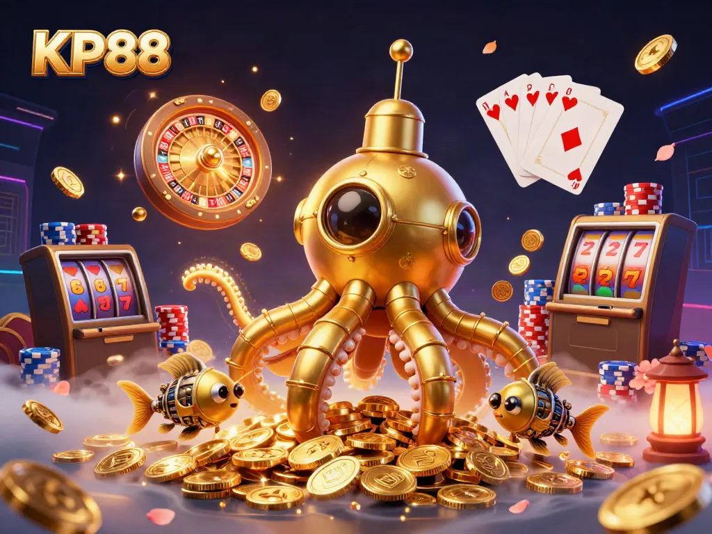 Experience the thrill at KP88 with a golden kraken submarine amidst coins and vibrant casino elements.