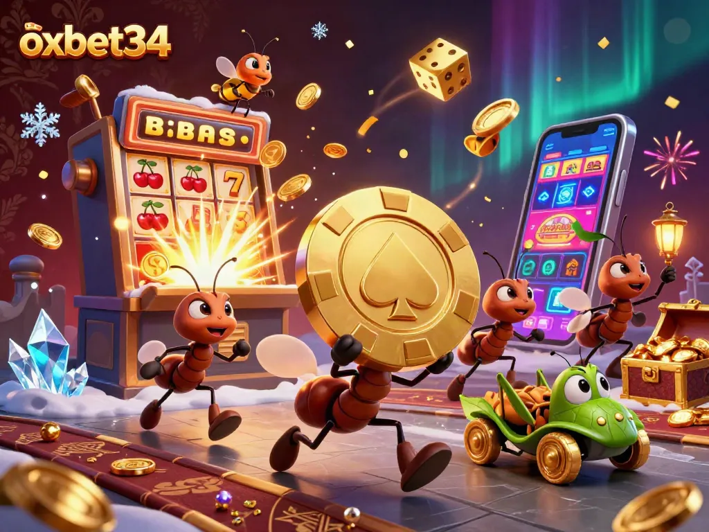 oxbet34 team of ants carrying a huge poker chip, surrounded by lively casino elements