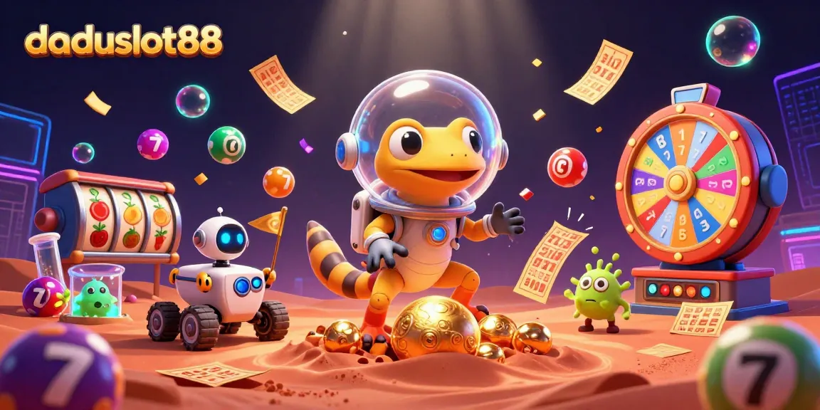 Gambarkan daduslot88 dengan gecko Mars menemukan kasino emas di pasir merah, dikelilingi bola lotere berwarna.
