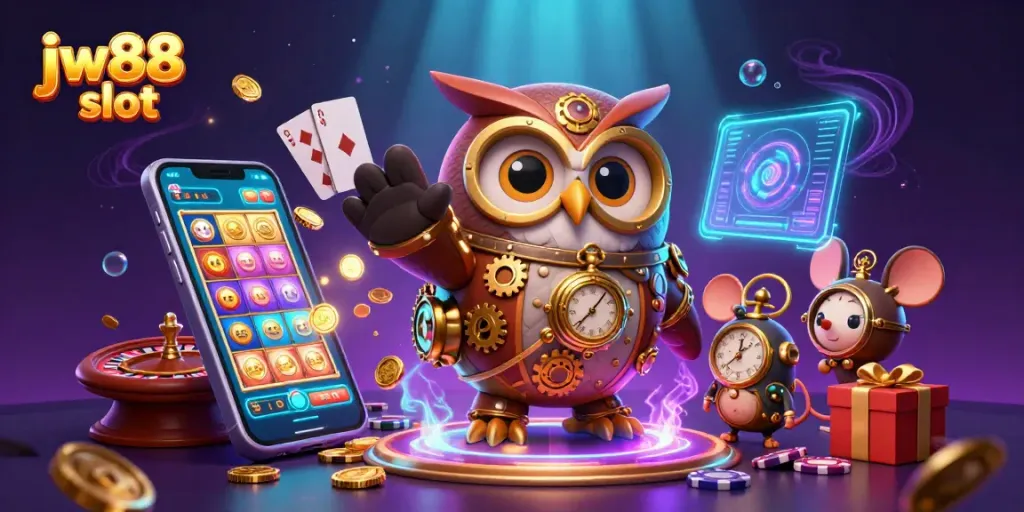 Win big with jw88 slot as a whimsical owl and mouse explore a vibrant casino scene.