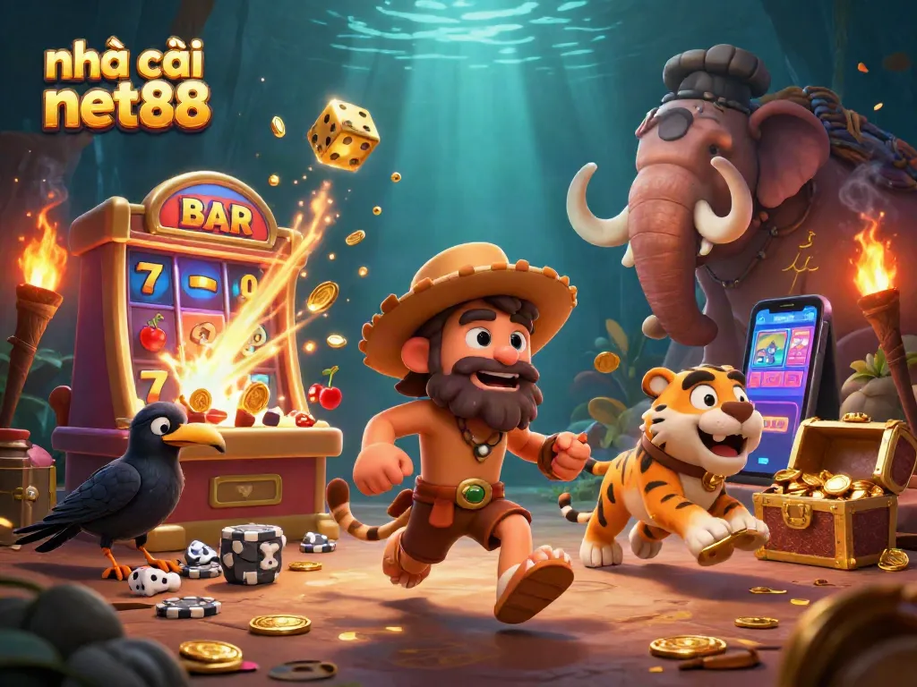 Engaging scene showcasing nhà cái net88 with 3D characters at a vibrant casino filled with jackpots and gaming excitement.