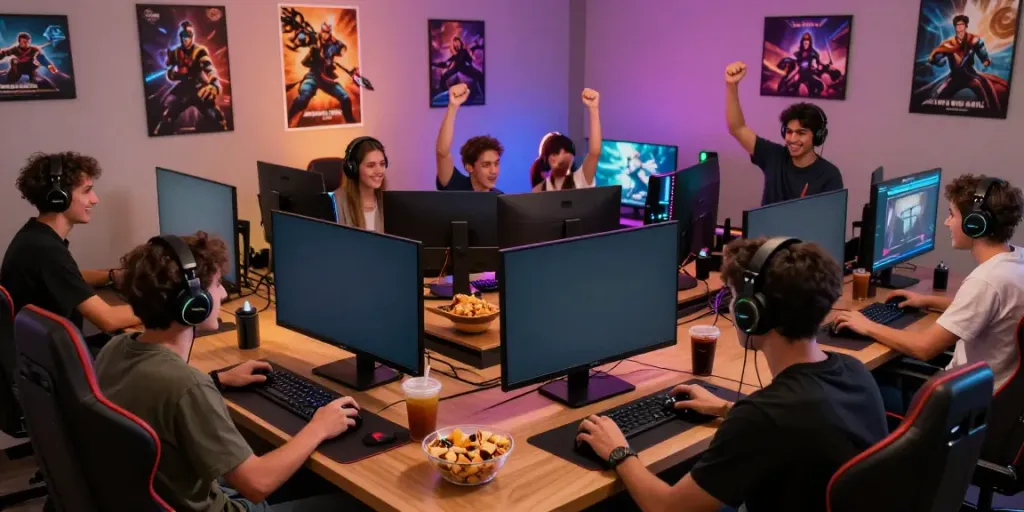 Kilat404 gaming enthusiasts enjoying multiplayer fun in a vibrant lounge.