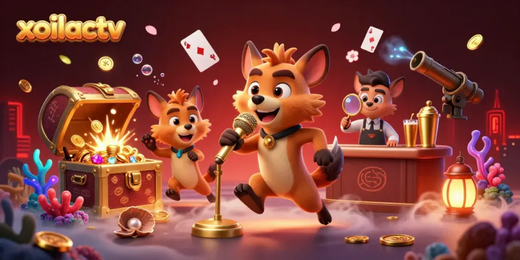 Xoilactv features a comedy casino scene with hyenas, gold coins, and vibrant game elements.