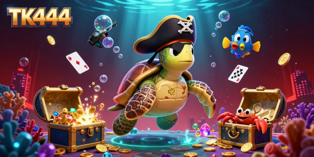 TK444 introduces vibrant underwater gaming elements with a pirate turtle amidst treasure and casino symbols.