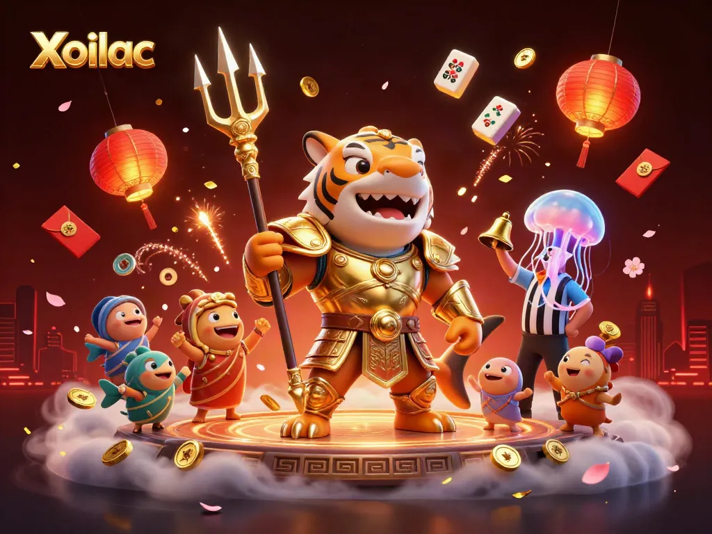 Xoilac showcases an underwater gaming arena with a tiger shark warrior leading the action in a vibrant casino setting.