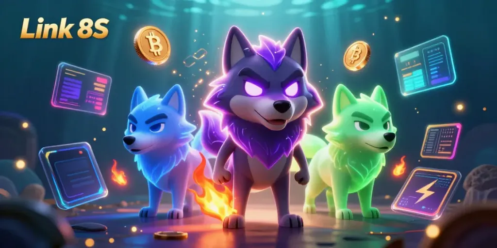 Engage with Link 8S in a dynamic casino scene featuring ghostly wolves and crypto elements.