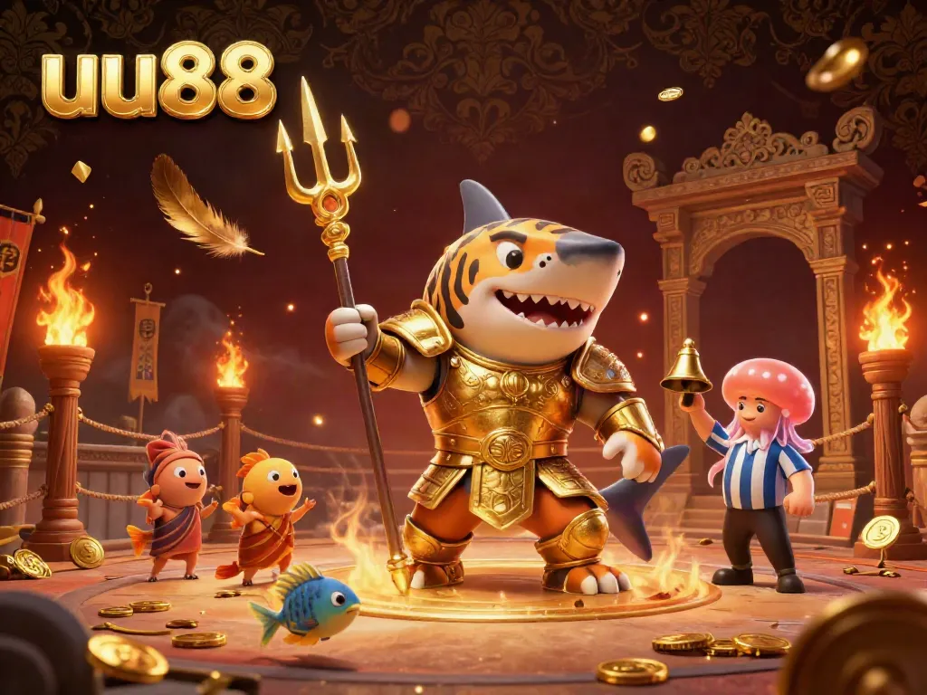 Engage with the thrilling underwater casino scene featuring uu88, where a tiger shark in golden armor wields a trident, amidst cheering marine life.