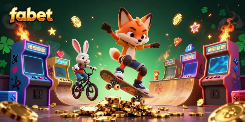 Experience the excitement of fabet with a vibrant 3D scene of a skateboarder fox and BMX rabbit in a casino-themed adventure.
