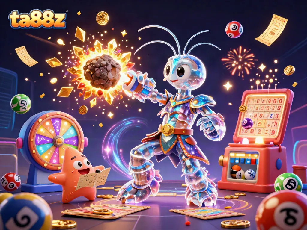 Join the excitement at ta88z as a majestic shrimp battles asteroids, scattering gems and coins.