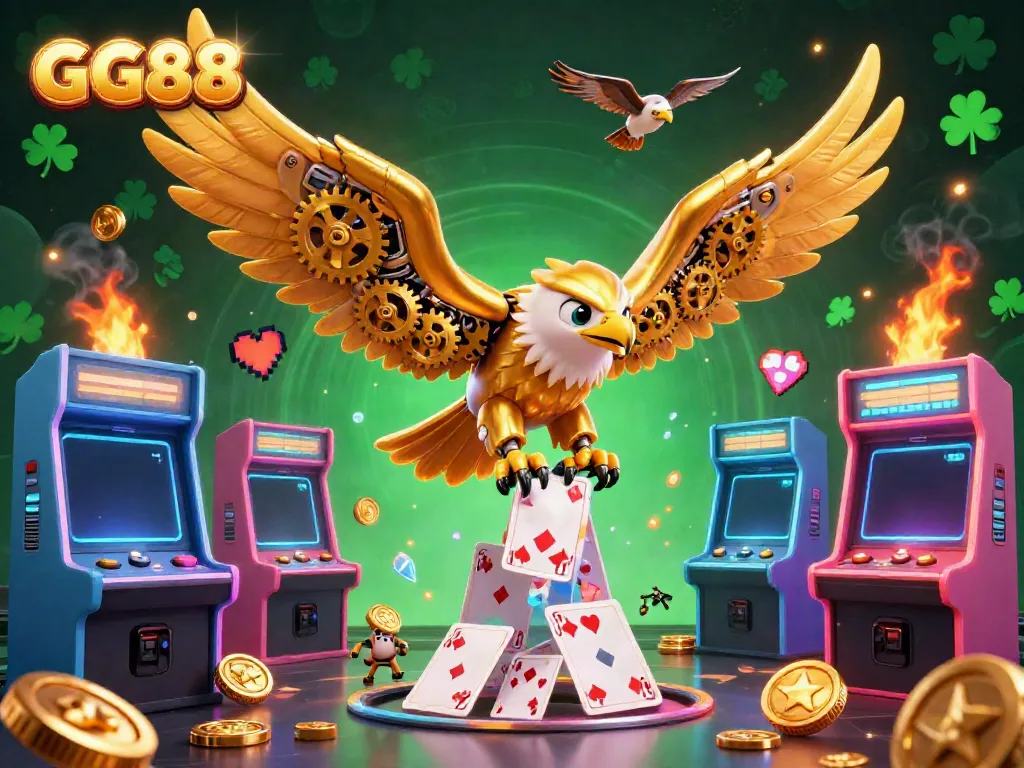 Experience the thrilling action at GG88 with a cybernetic eagle diving through holographic cards in a vibrant casino.