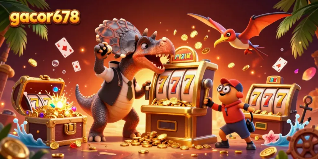 Experience gacor678 slot machine thrills as a dinosaur interacts with a colorful casino scene.