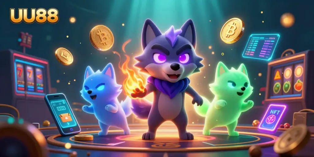 Experience thrilling gaming adventures at UU88 with captivating slots and crypto elements amidst glowing wolf spirits.