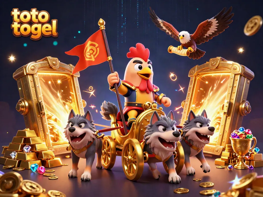 Engage in thrilling toto togel action with a magical scene of a rooster warlord and treasures.