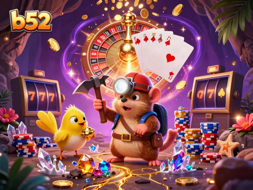 This b52 casino illustration captures a treasure hunter mole mining treasures amidst a flurry of winning elements.