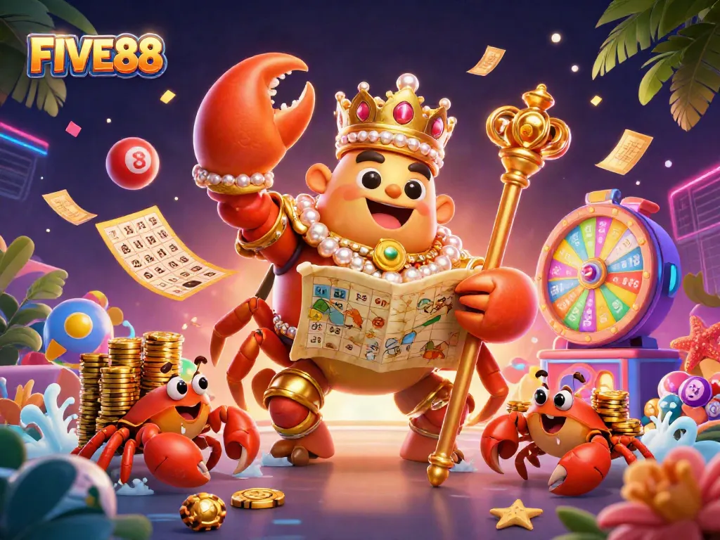 Engage in exciting games at FIVE88, featuring a golden crab emperor and dynamic casino elements.