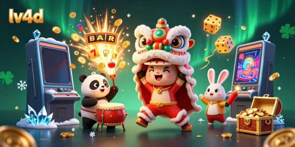 Experience fun and excitement with lv4d's dynamic casino game scene featuring vibrant 3D characters.