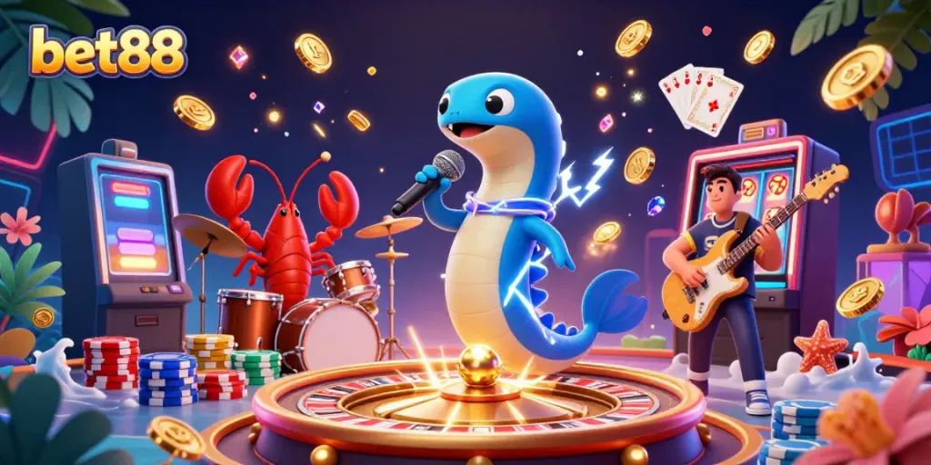 Experience vibrant action at bet88's underwater casino with a DJ eel and a lively band.