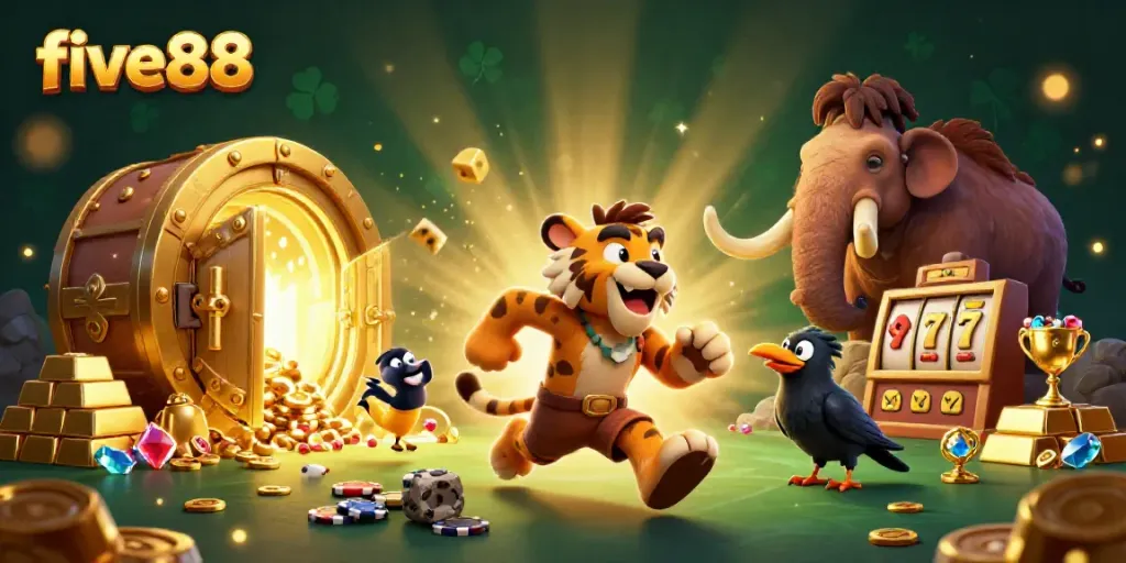 Experience the thrill of five88 with a unique prehistoric casino scene featuring engaging characters, gold treasures, and lively gambling elements.