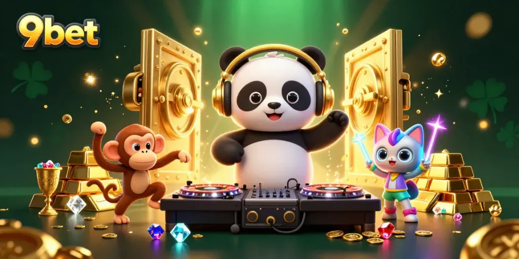 9bet's entertaining scene with a DJ panda and dancing characters, showcasing vibrant casino elements.