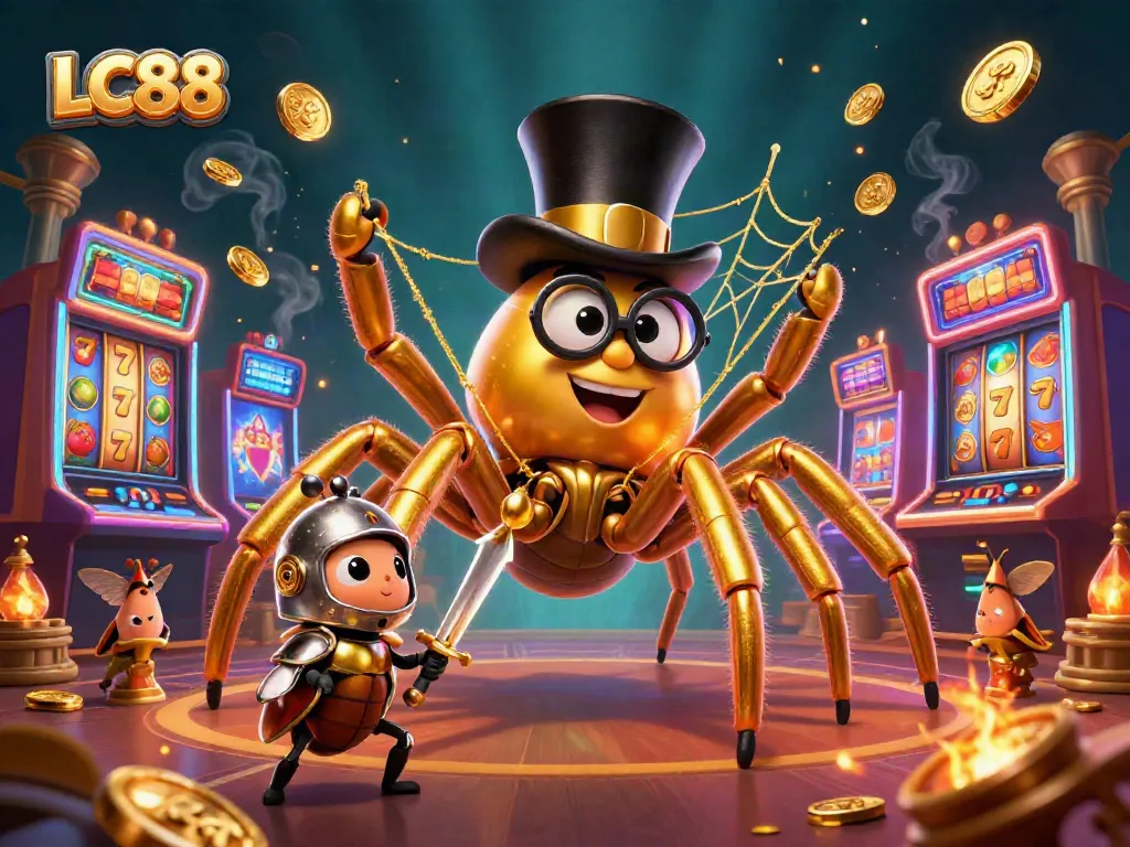 Check out LC88 with a golden tarantula and beetle knight amid vibrant slot machines!