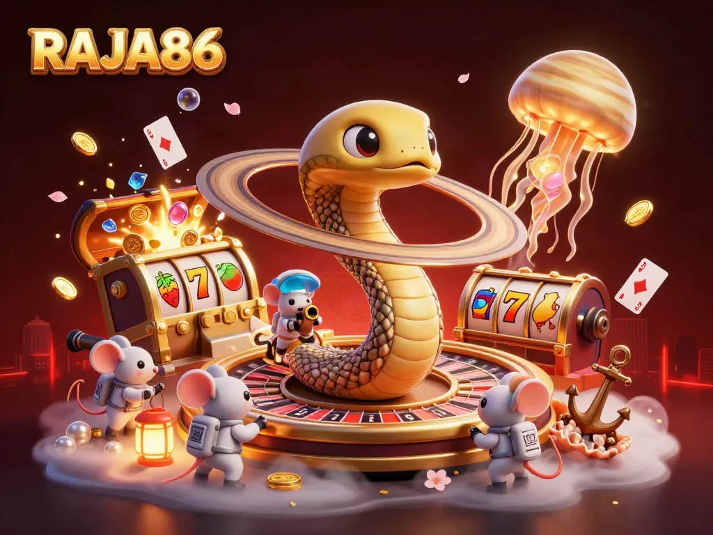 Engage with RAJA86 as astronaut mice place bets on a cosmic roulette wheel amidst vibrant casino elements.