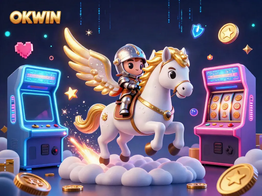 Experience the thrill of OKWIN's celestial gaming world with vibrant characters and rich casino elements.